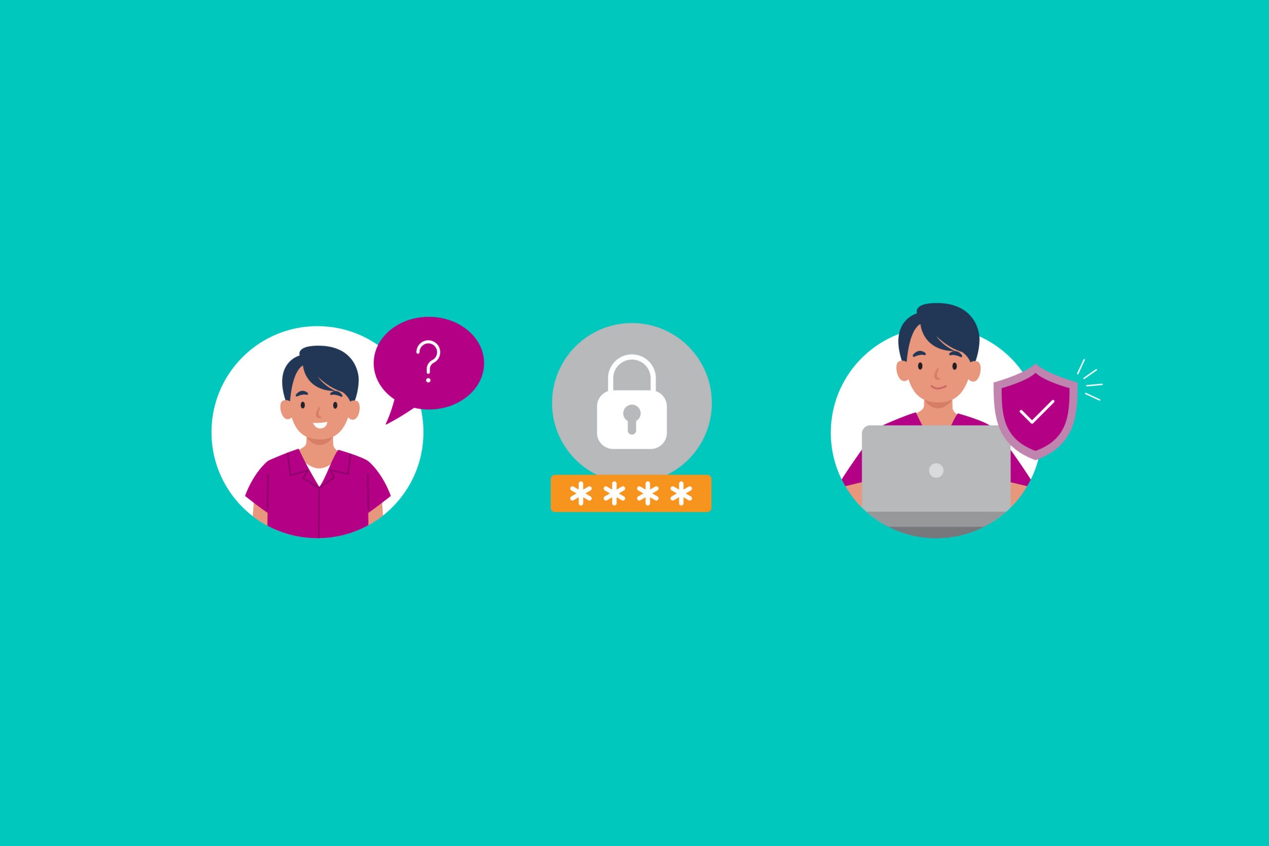 Animation of student, padlock and student with laptop